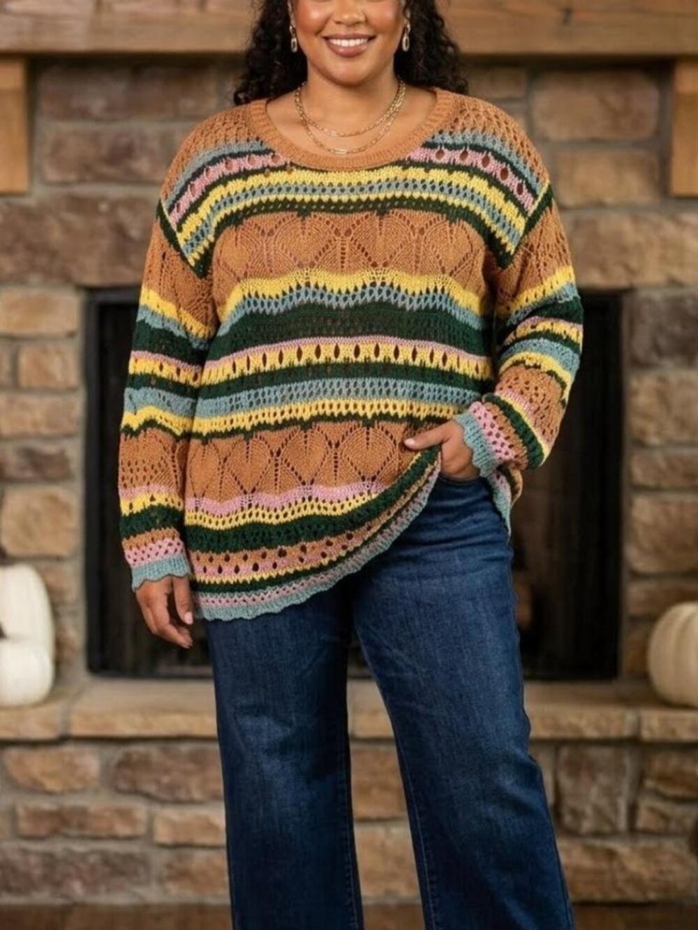 Umgee Plus Size XL Open Crochet Knit Striped Pullover Sweater Boho Festival